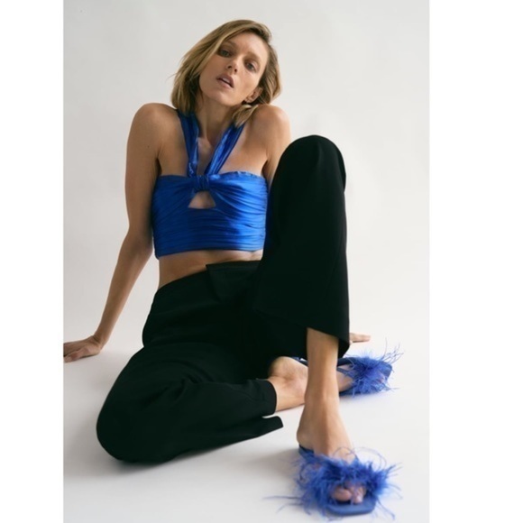 New Zara | Satin Effect Blue Cut Out Draped Crop Top - Picture 13 of 17